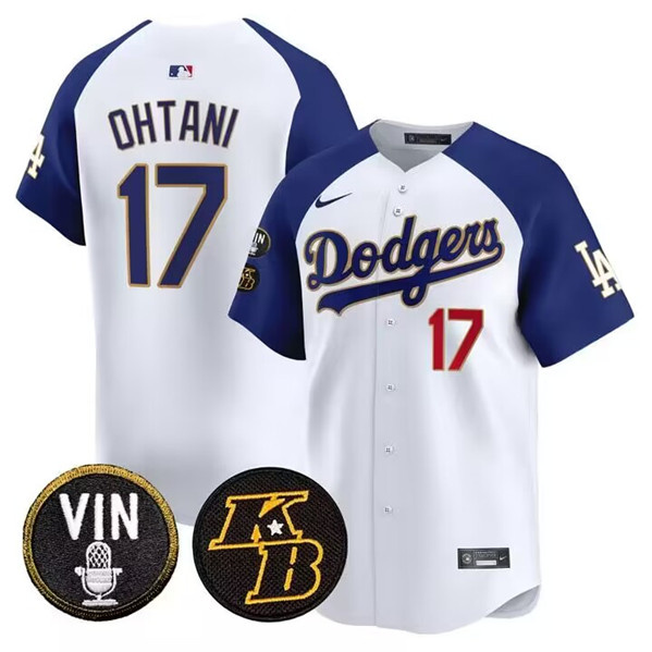 Men's Los Angeles Dodgers #17 Shohei Ohtani Stitched White Vin & Kobe Patch Cool Base Baseball Jersey